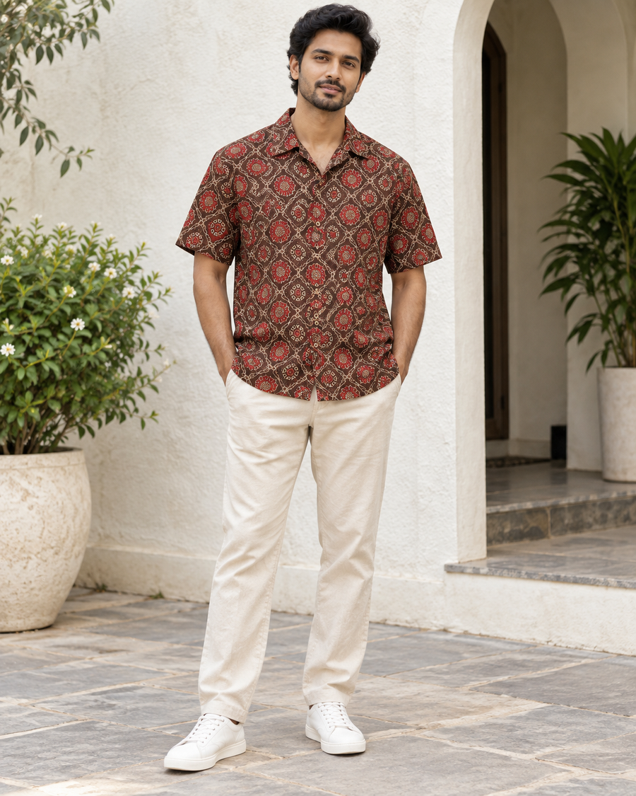 Men's Maroon Ajrakh Medallion Print Camp Collar Shirt front