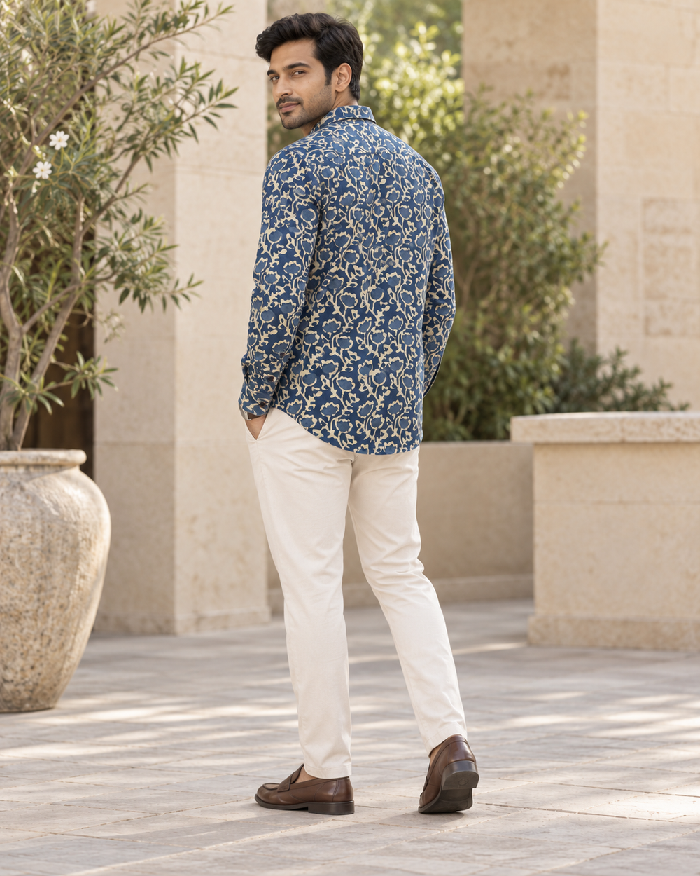 Men's Indigo Floral Vine Block Print Full Sleeve Shirt back — view 2