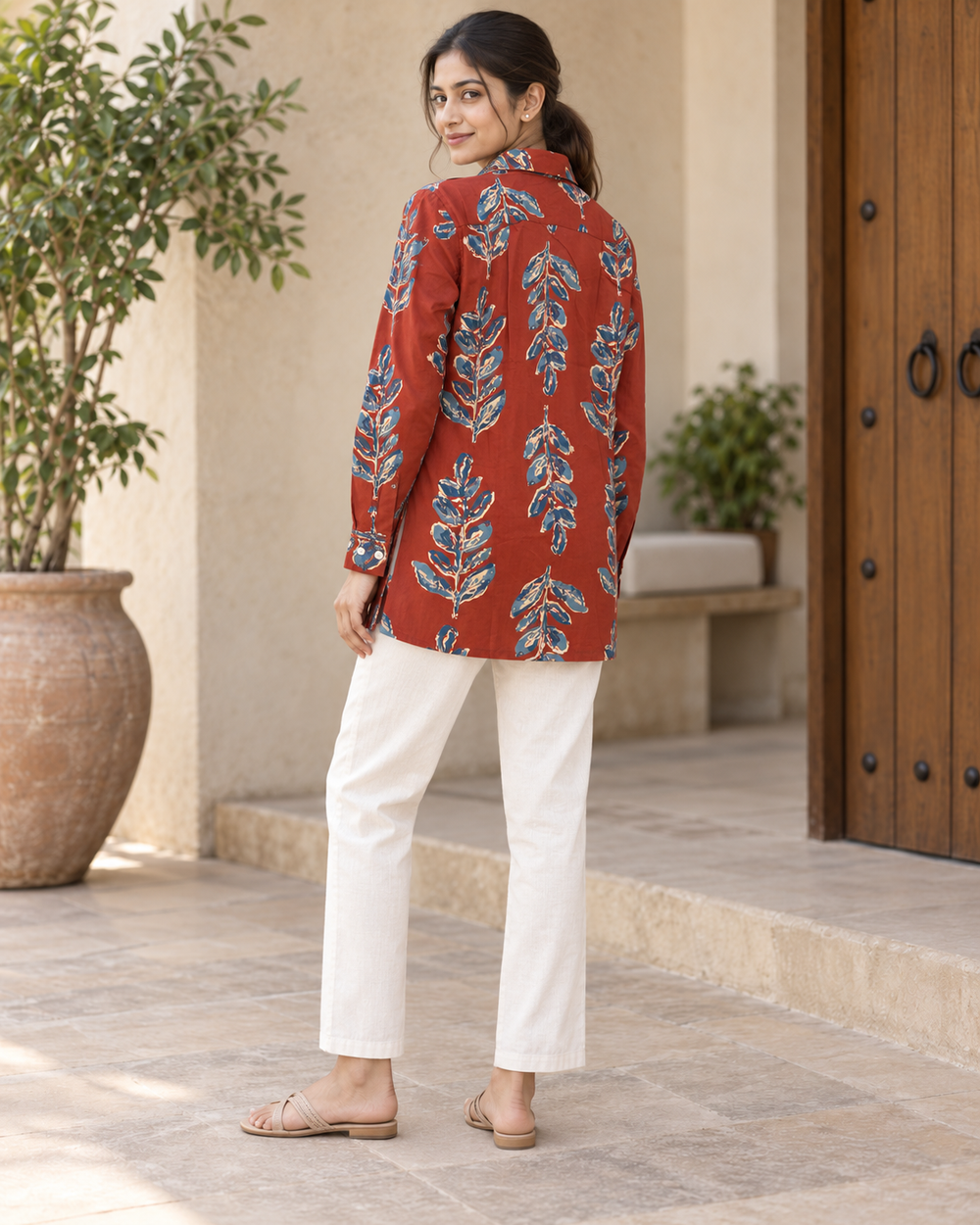Women's Rust Floral Butta Print Full Sleeve Shirt back — view 3