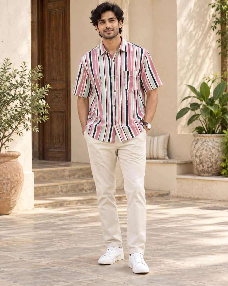 Men's Multicolour Striped Cotton Half Sleeve Shirt front