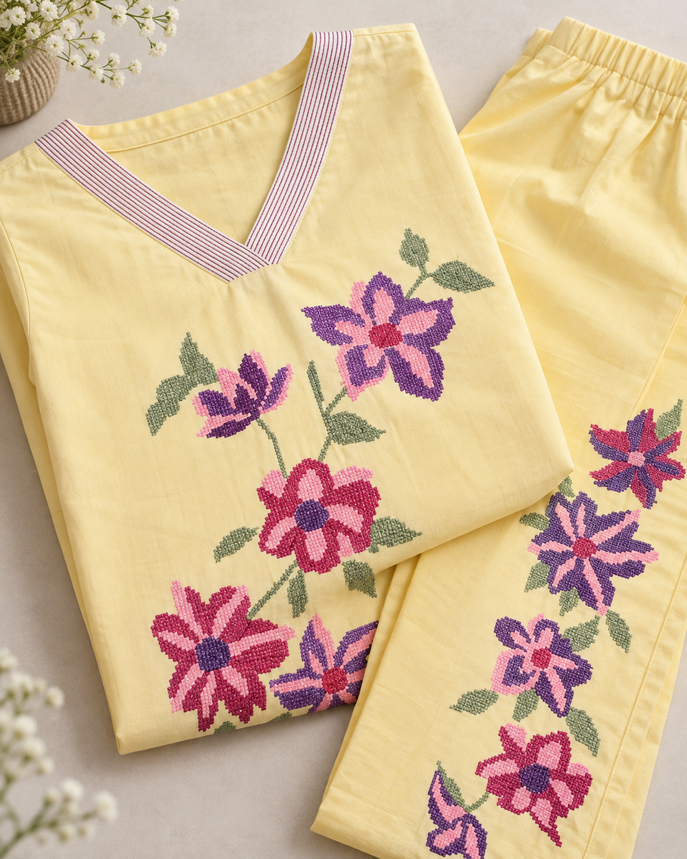 Yellow Flower Pattern Cotton Coord Set detailed closeup — view 4