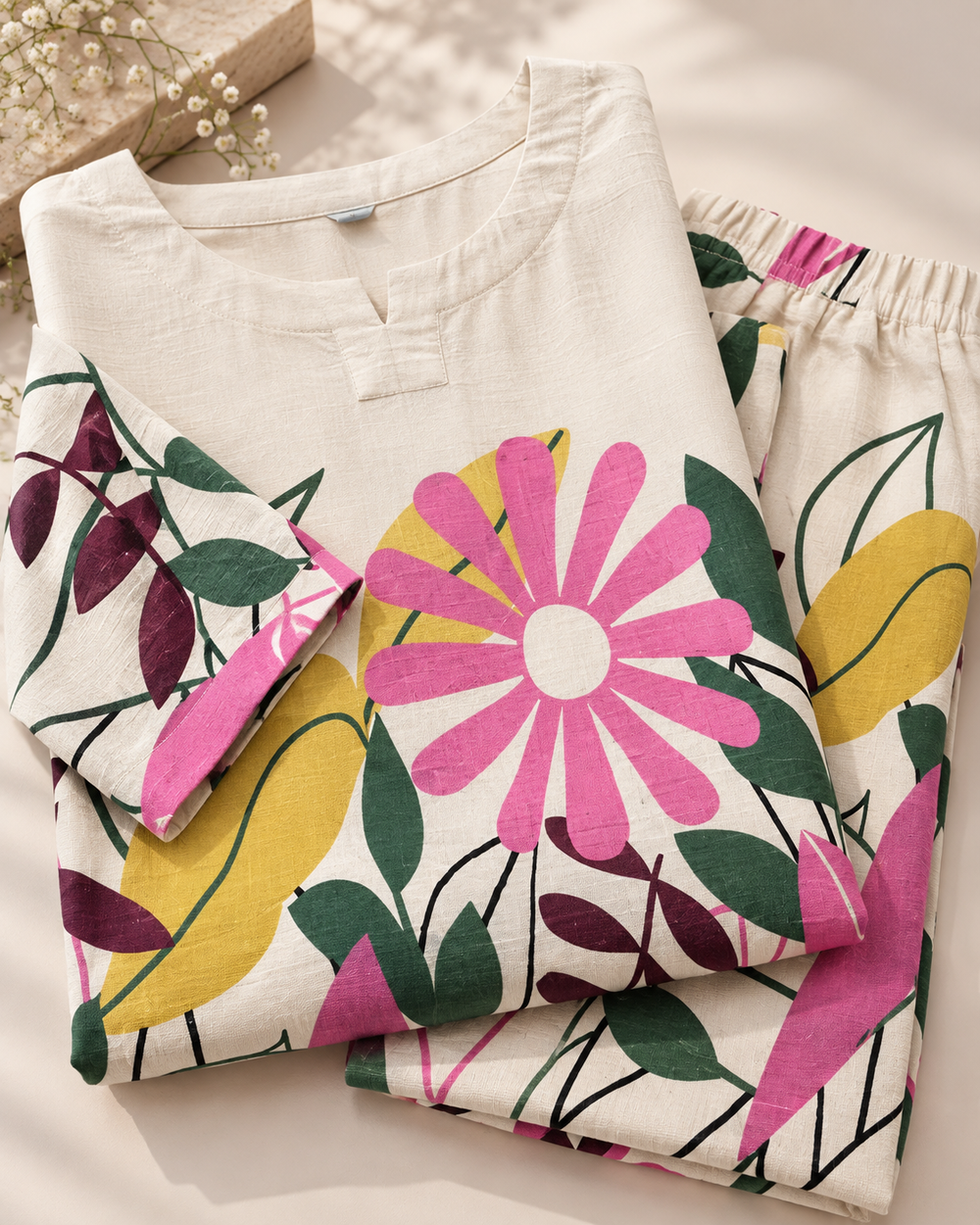 Off White Flower Pattern Cotton Coord Set detailed closeup — view 4