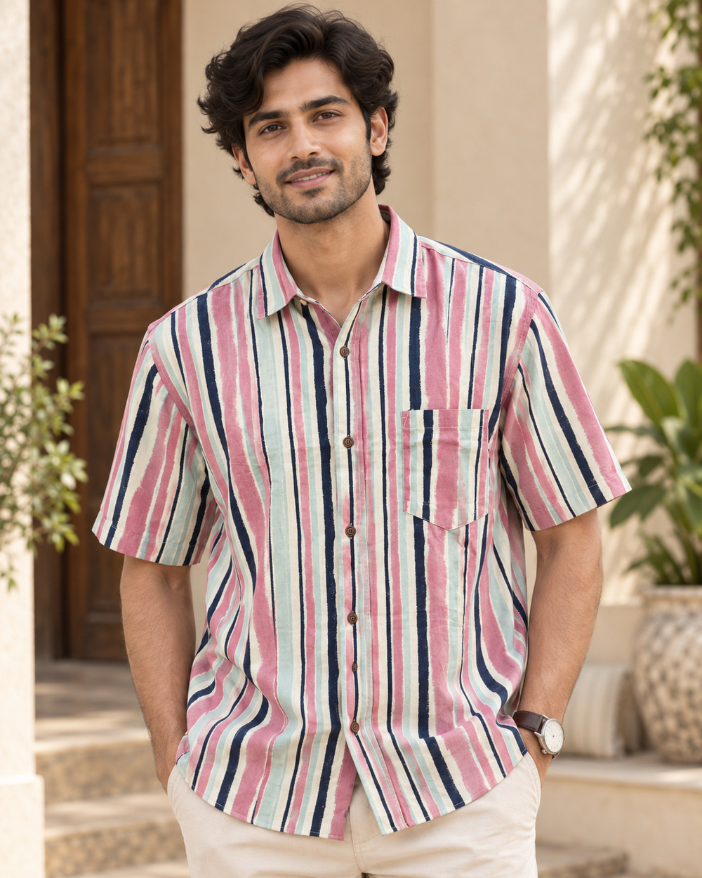Men's Multicolour Striped Cotton Half Sleeve Shirt closeup — view 3
