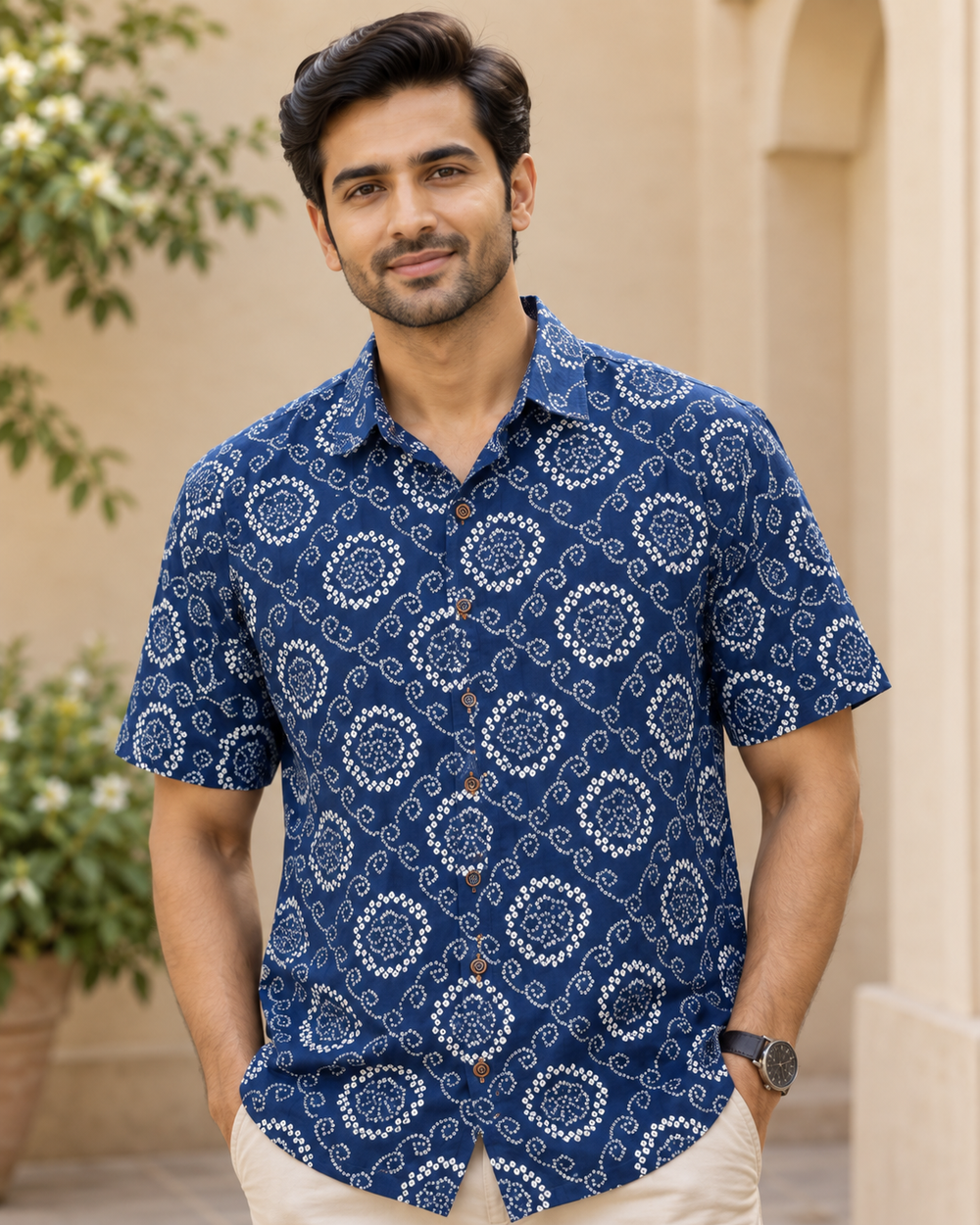 Men's Navy Medallion Block Print Half Sleeve Shirt closeup — view 3