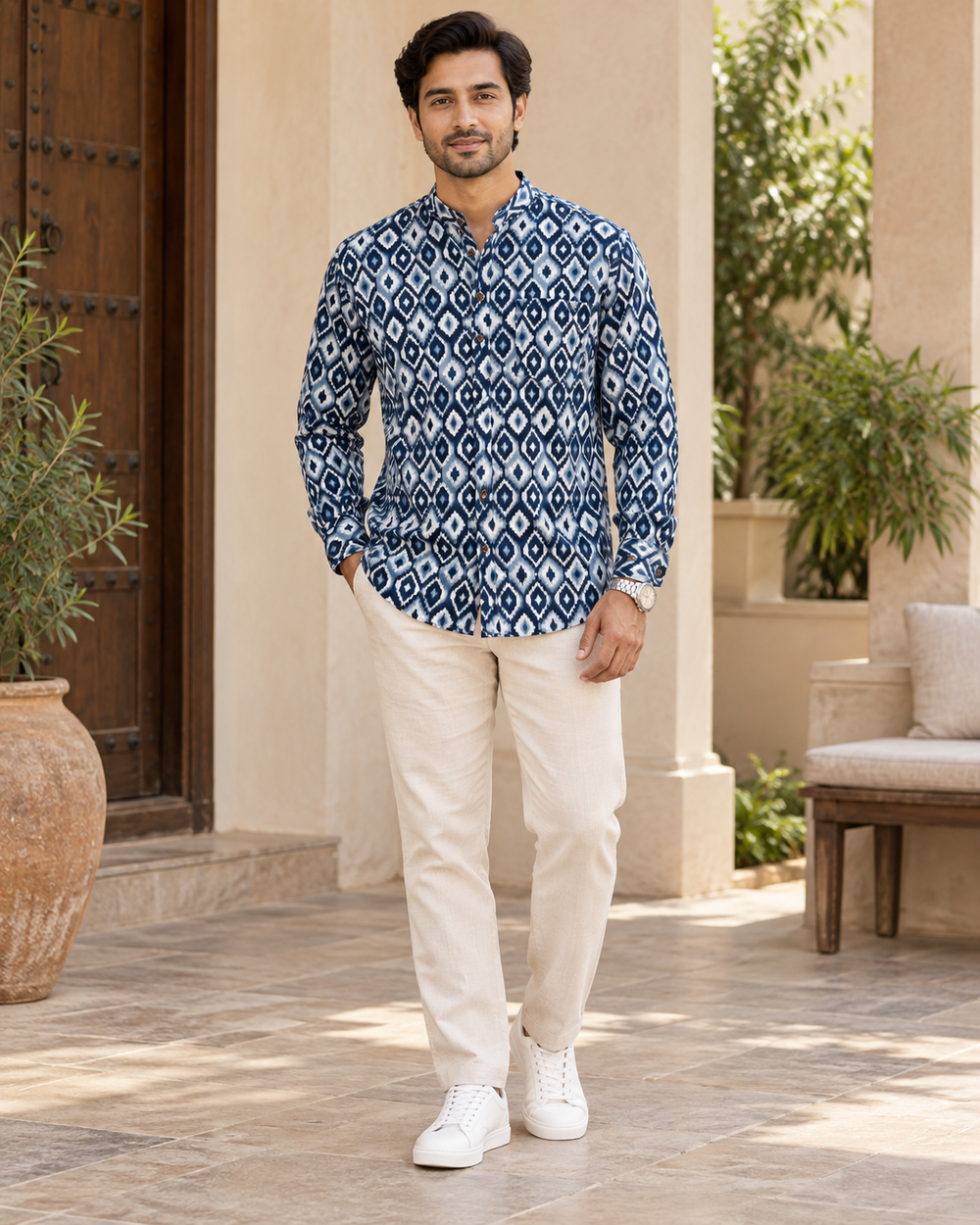 Men's Indigo Ikat Diamond Print Full Sleeve Shirt front — view 1
