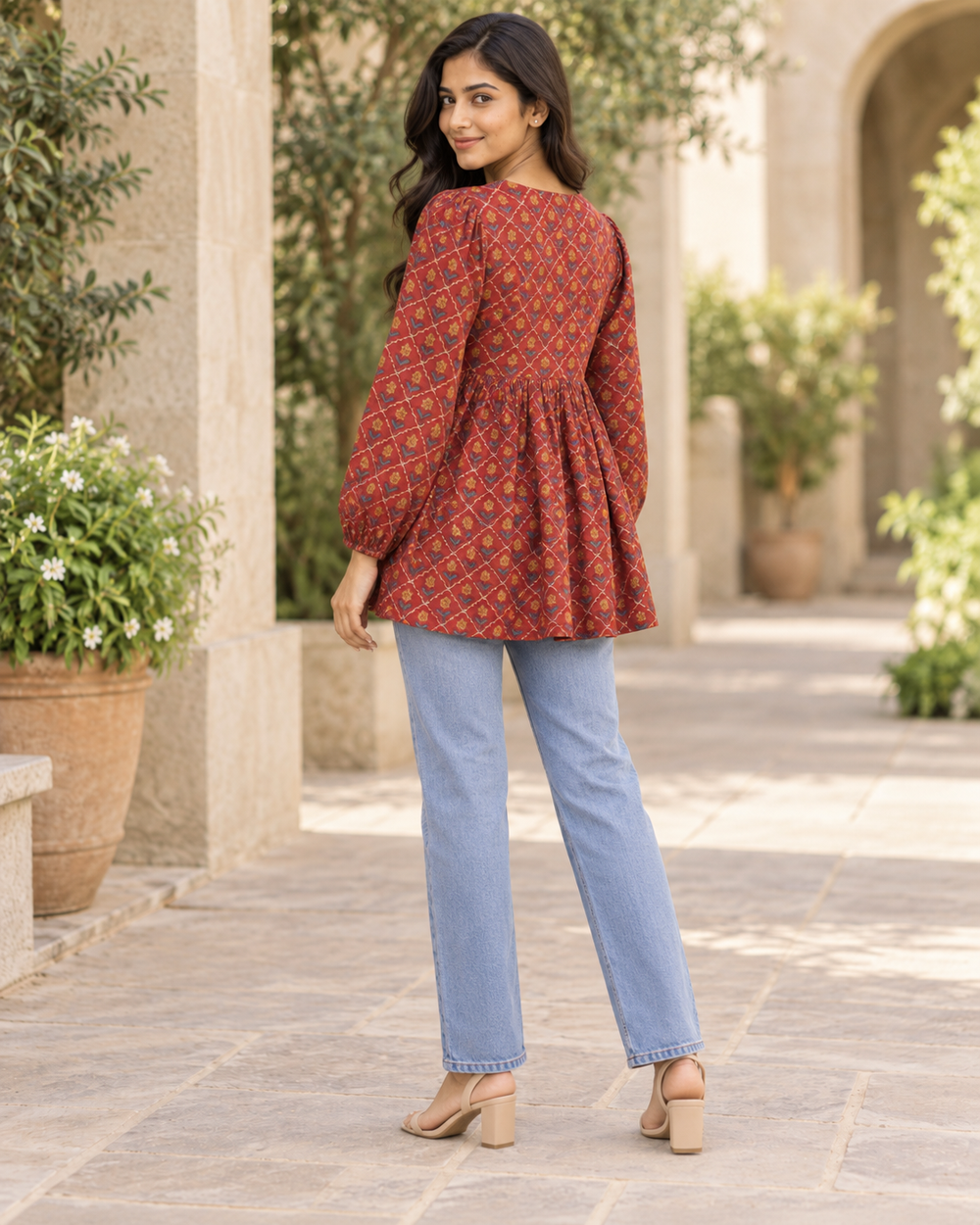 Women's Maroon Ajrakh Print Peplum Top back — view 2
