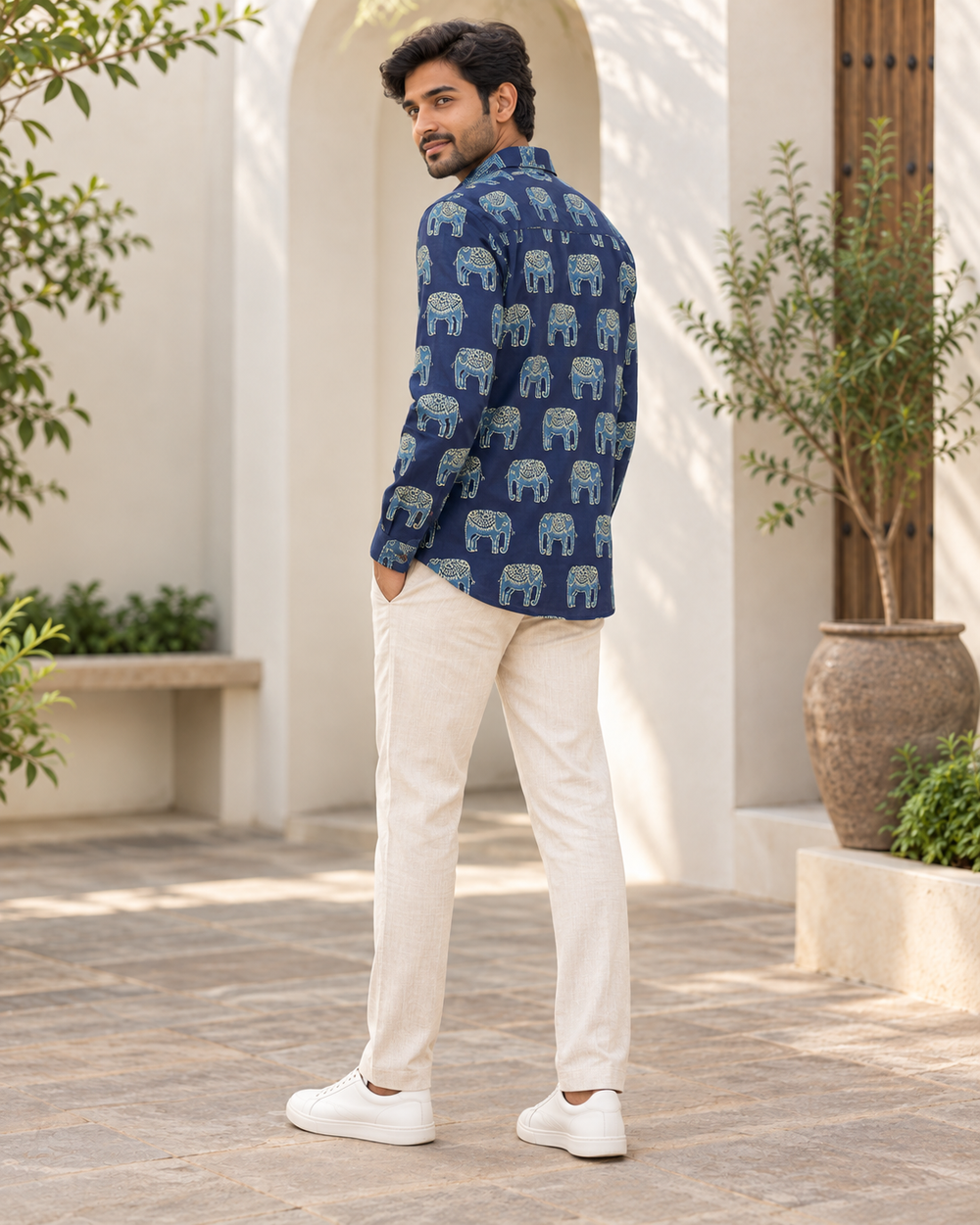 Men's Indigo Elephant Block Print Full Sleeve Shirt back — view 2
