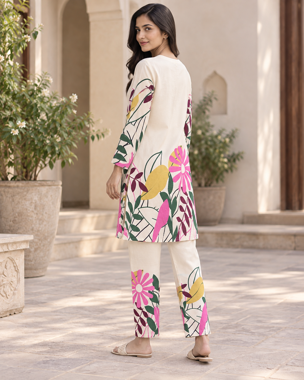 Off White Flower Pattern Cotton Coord Set back — view 2