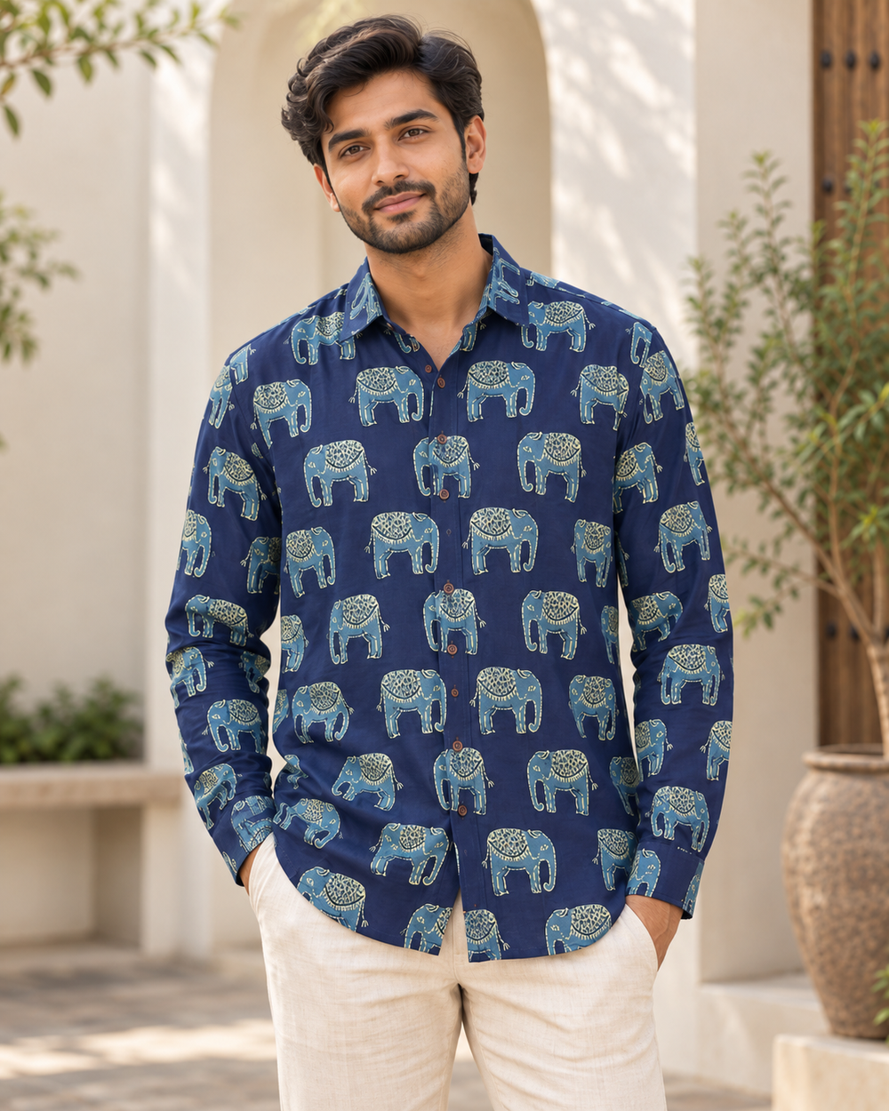 Men's Indigo Elephant Block Print Full Sleeve Shirt closeup — view 3