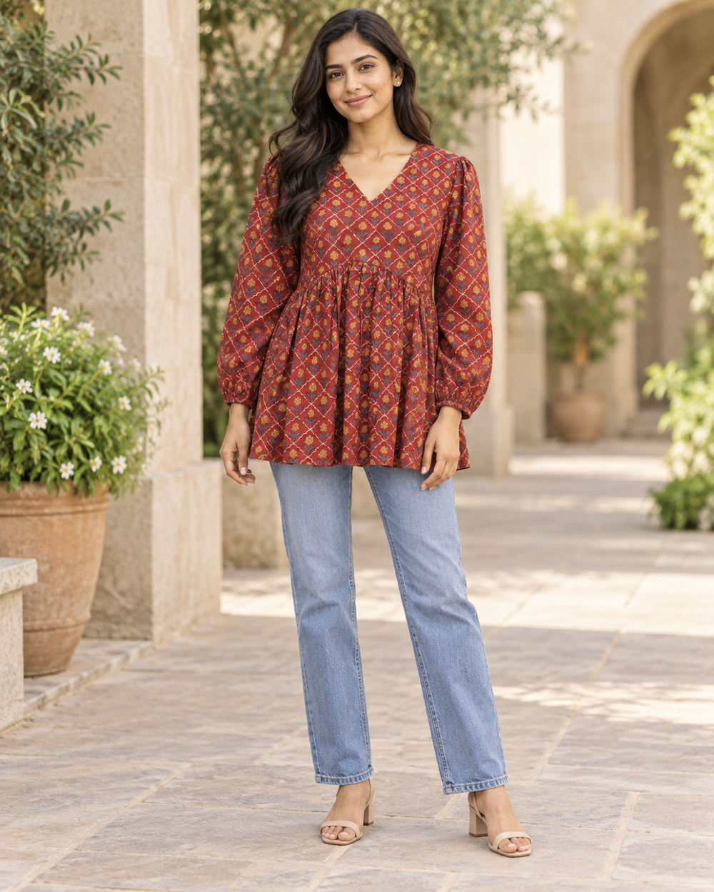 Women's Maroon Ajrakh Print Peplum Top front — view 1