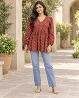 Women's Maroon Ajrakh Print Peplum Top