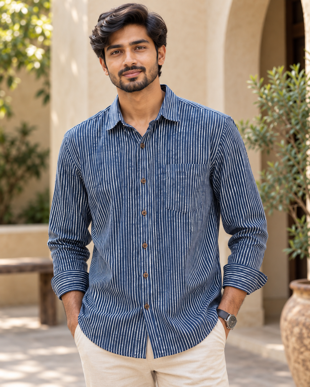 Men's Indigo Pinstripe Cotton Full Sleeve Shirt closeup — view 3