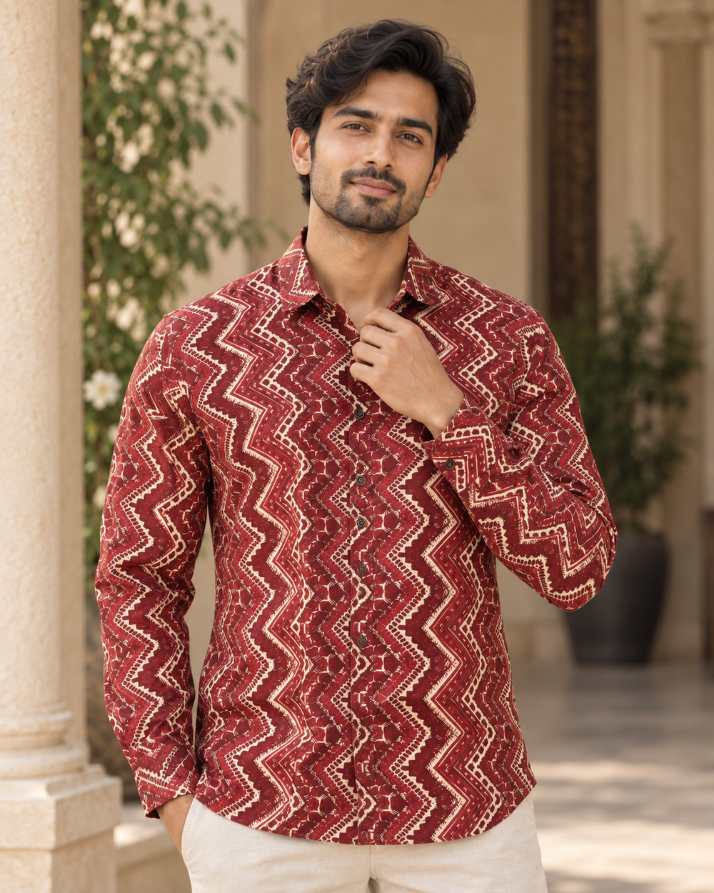 Men's Maroon Chevron Block Print Full Sleeve Shirt closeup — view 3