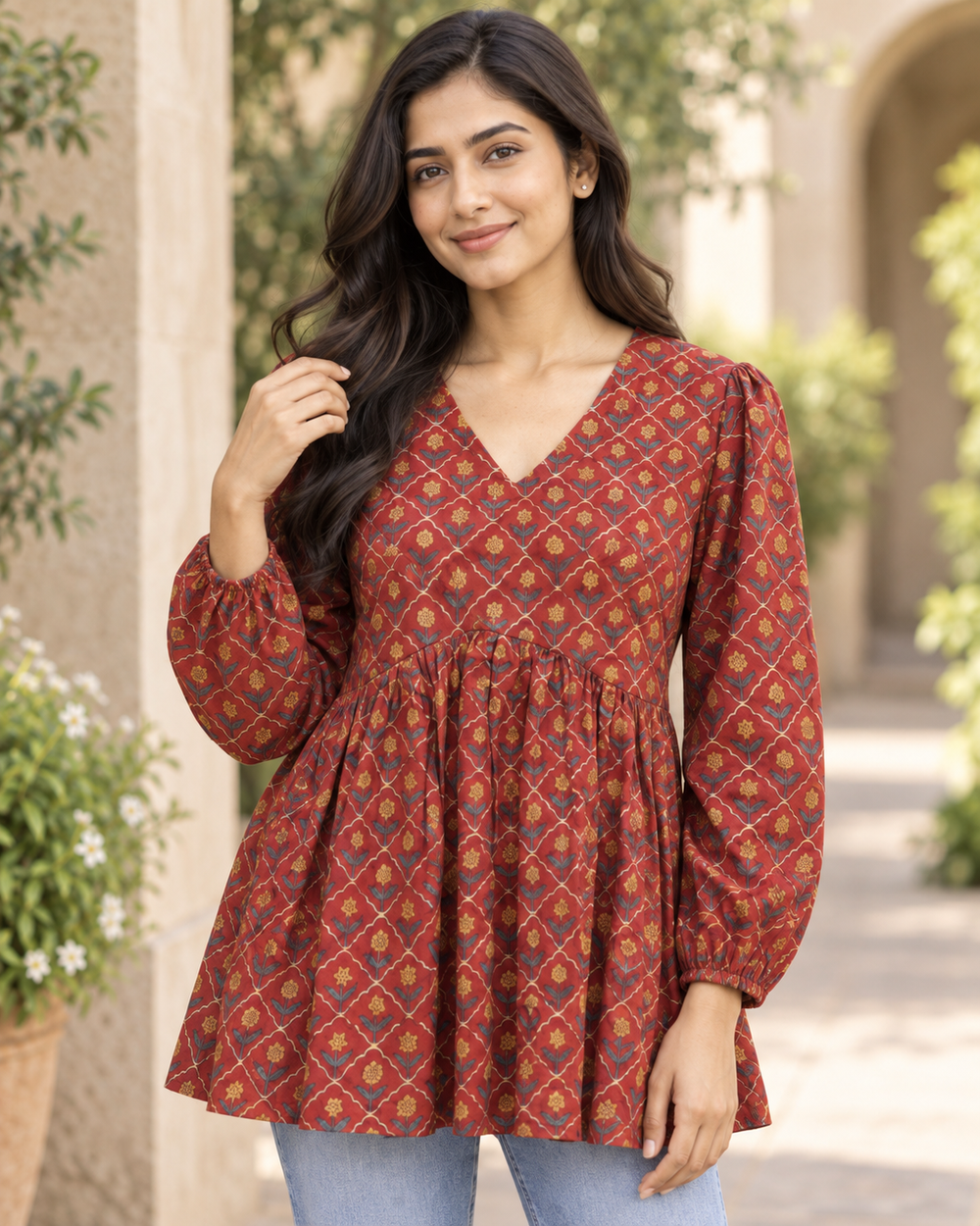 Women's Maroon Ajrakh Print Peplum Top closeup — view 3