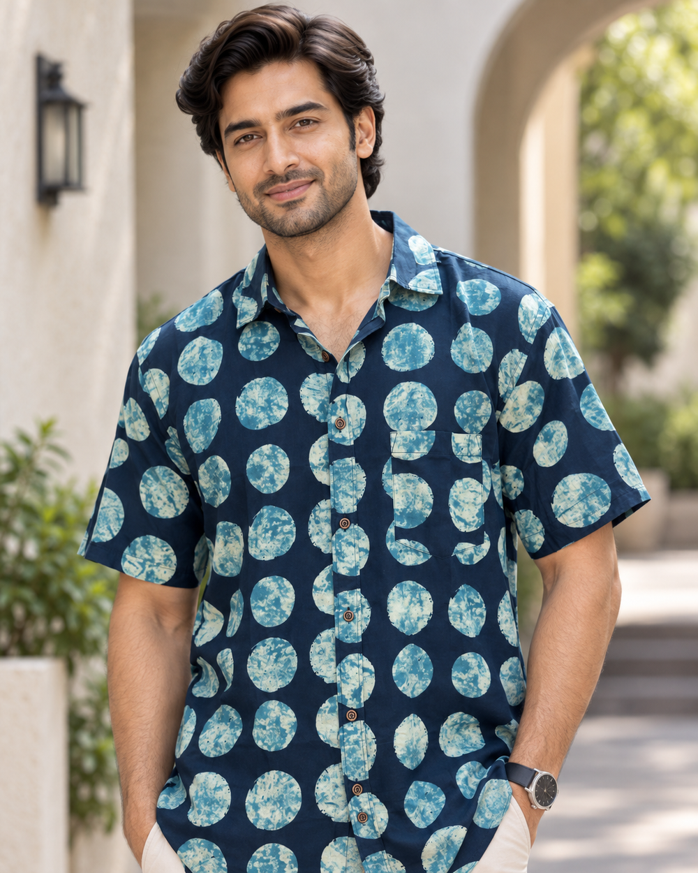 Men's Navy Indigo Dot Block Print Half Sleeve Shirt closeup — view 3
