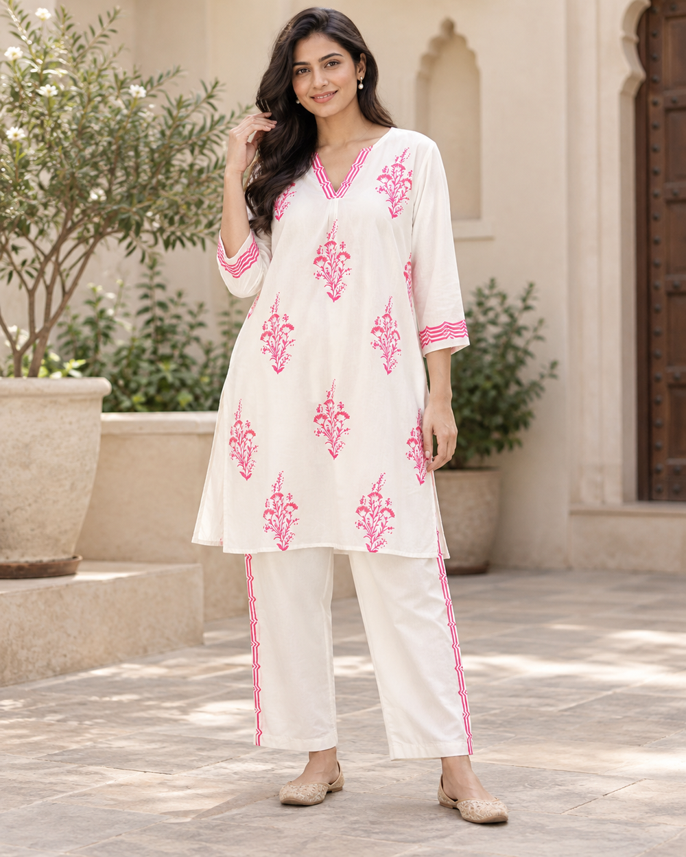 White and Pink Pattern Cotton Coord Set front — view 1