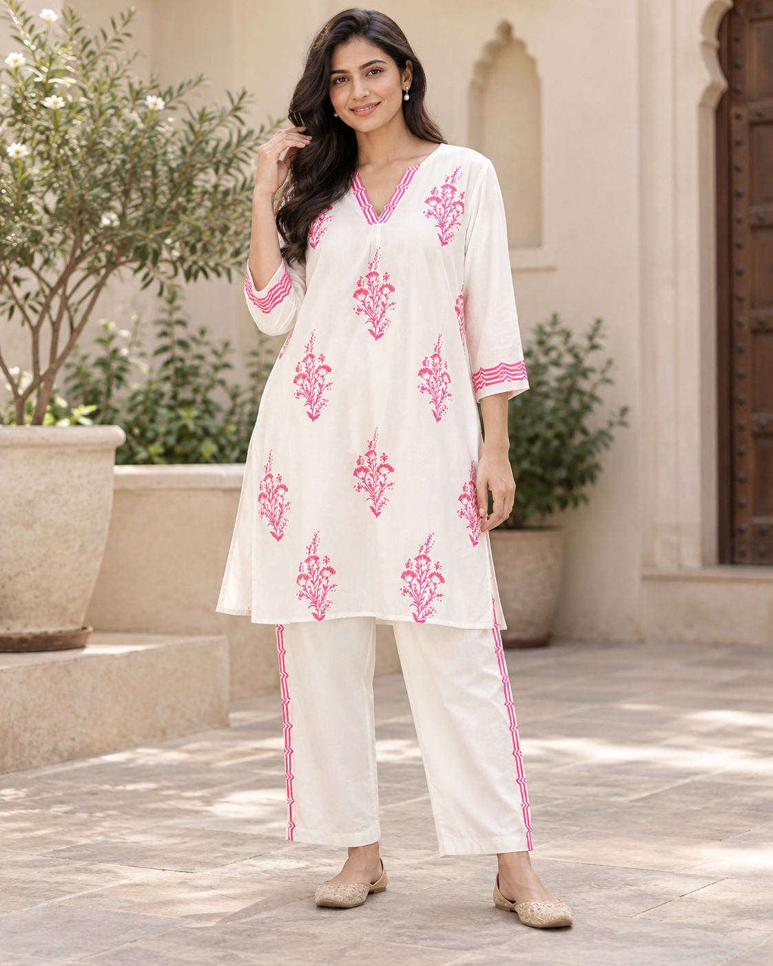 White and Pink Pattern Cotton Coord Set front