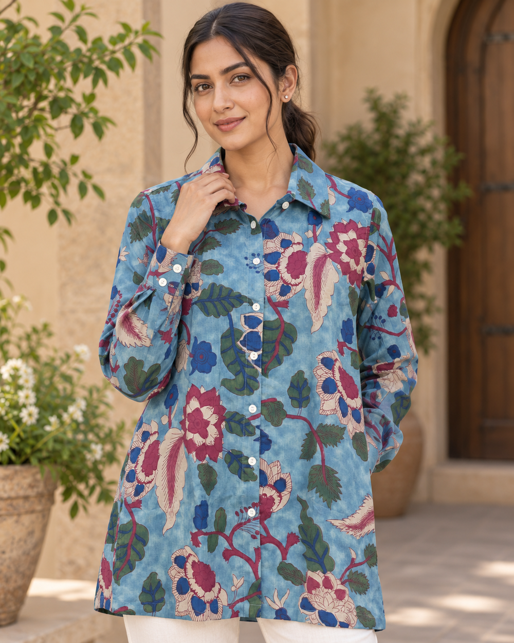 Women's Blue Kalamkari Floral Print Full Sleeve Shirt closeup — view 3