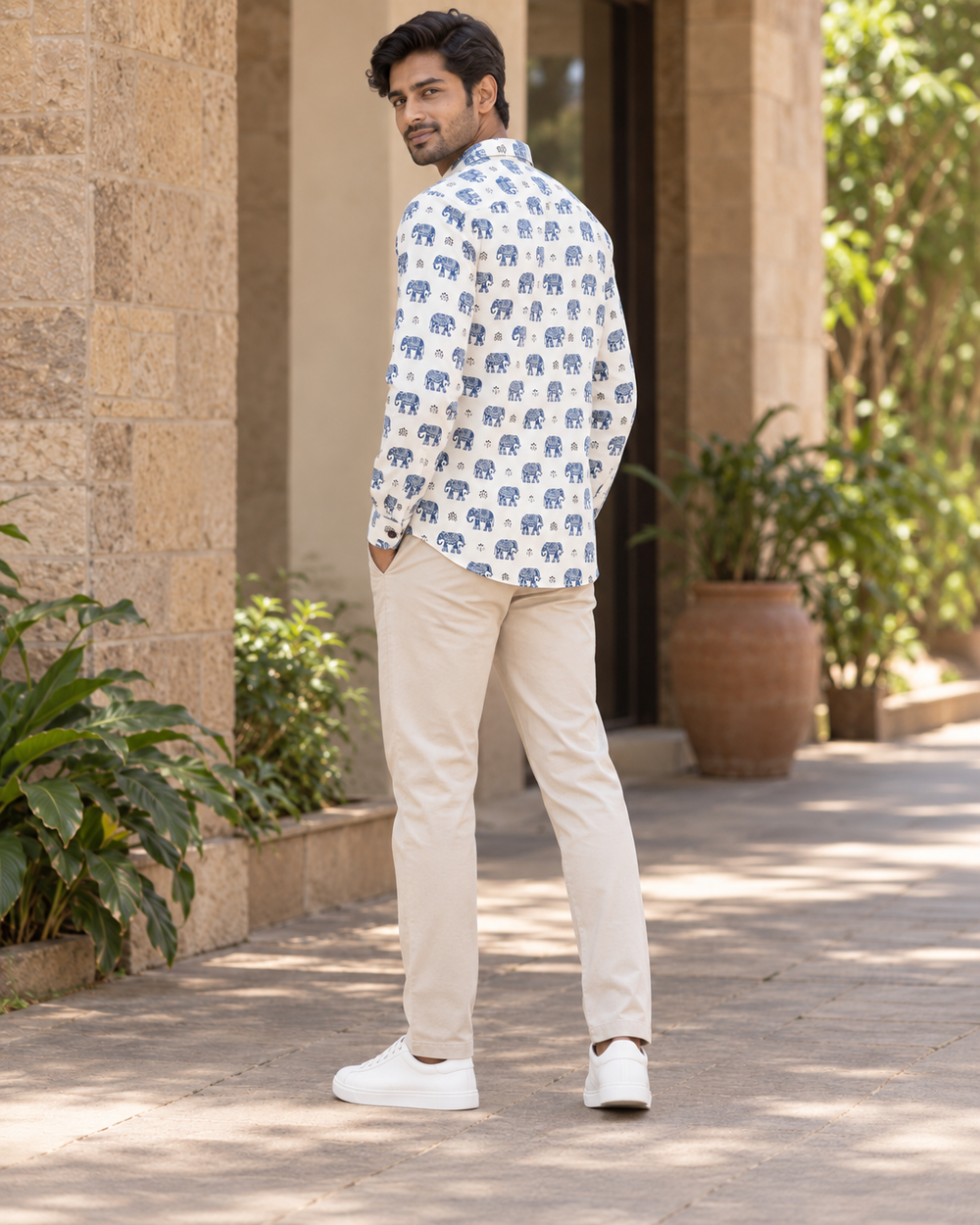 Men's Off White Elephant Block Print Full Sleeve Shirt back — view 2