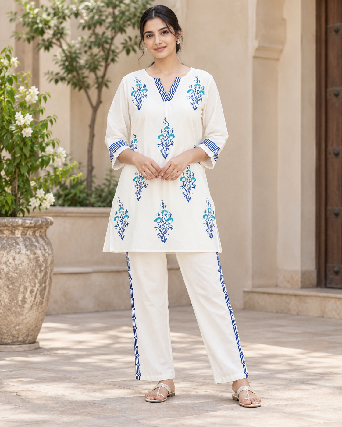 White and Blue Pattern Cotton Coord Set front