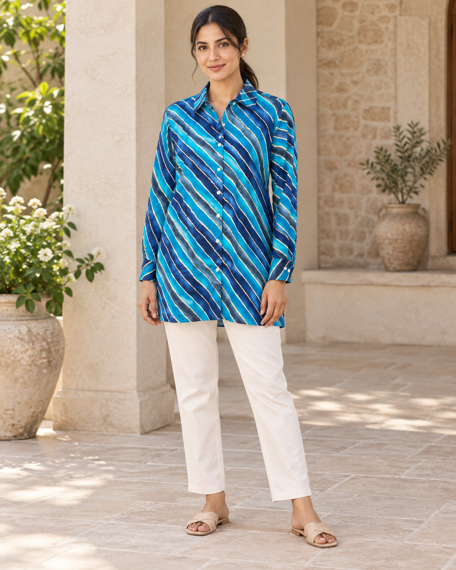 Women's Blue Leheriya Diagonal Stripe Full Sleeve Shirt front