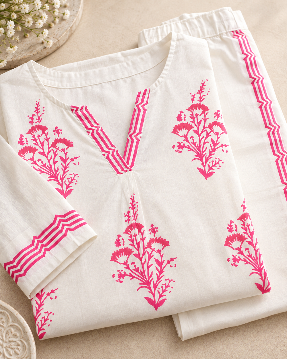 White and Pink Pattern Cotton Coord Set detailed closeup — view 4