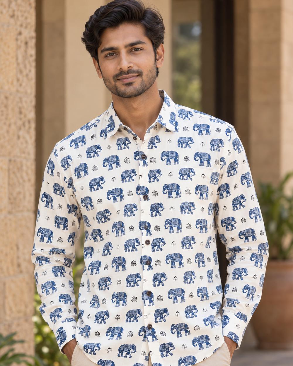 Men's Off White Elephant Block Print Full Sleeve Shirt closeup — view 3