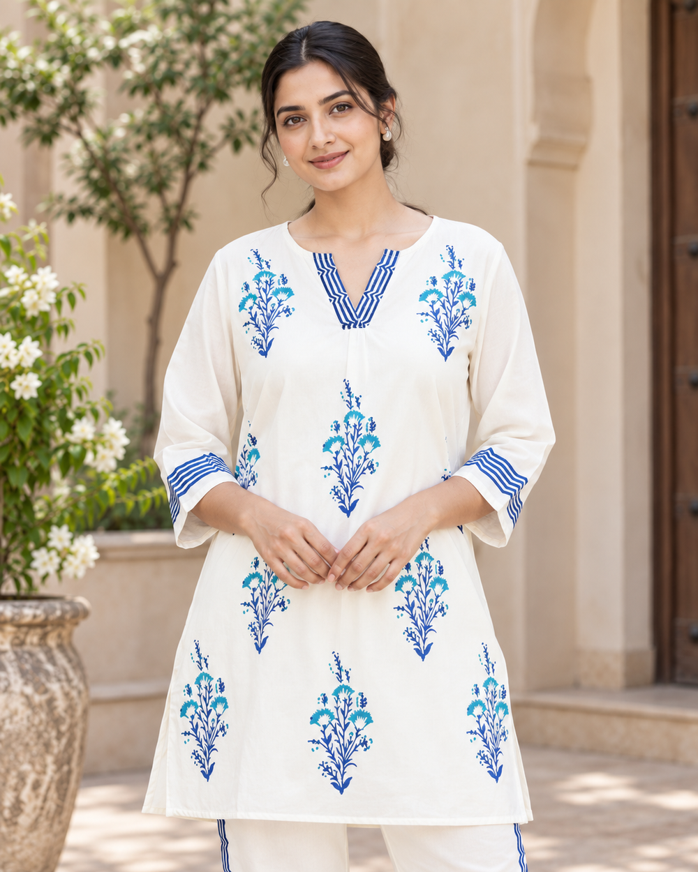 White and Blue Pattern Cotton Coord Set closeup — view 3