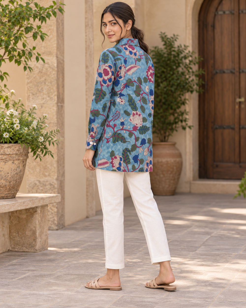 Women's Blue Kalamkari Floral Print Full Sleeve Shirt back — view 2