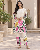 Off White Flower Pattern Cotton Coord Set