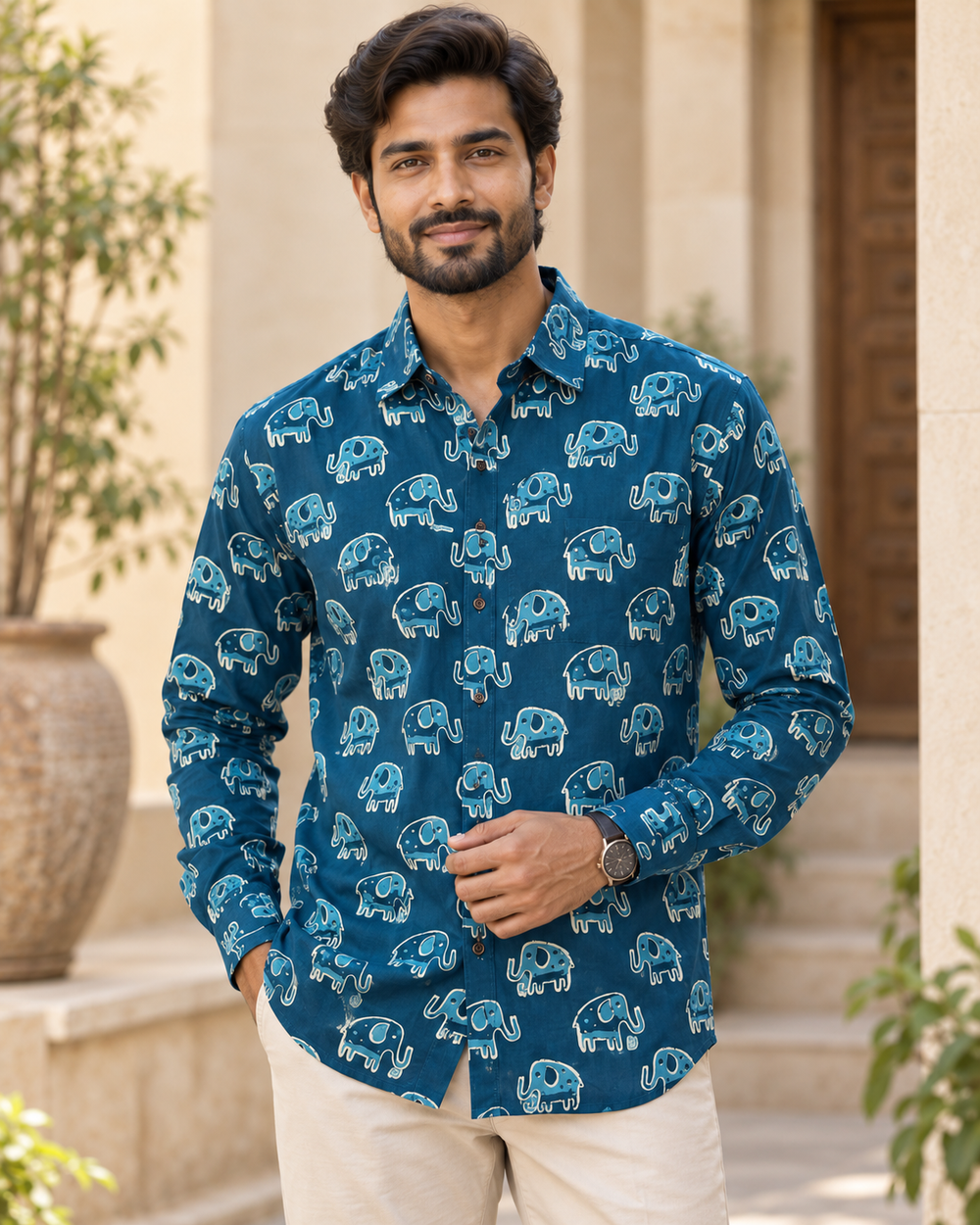 Men's Teal Elephant Block Print Full Sleeve Shirt closeup — view 3