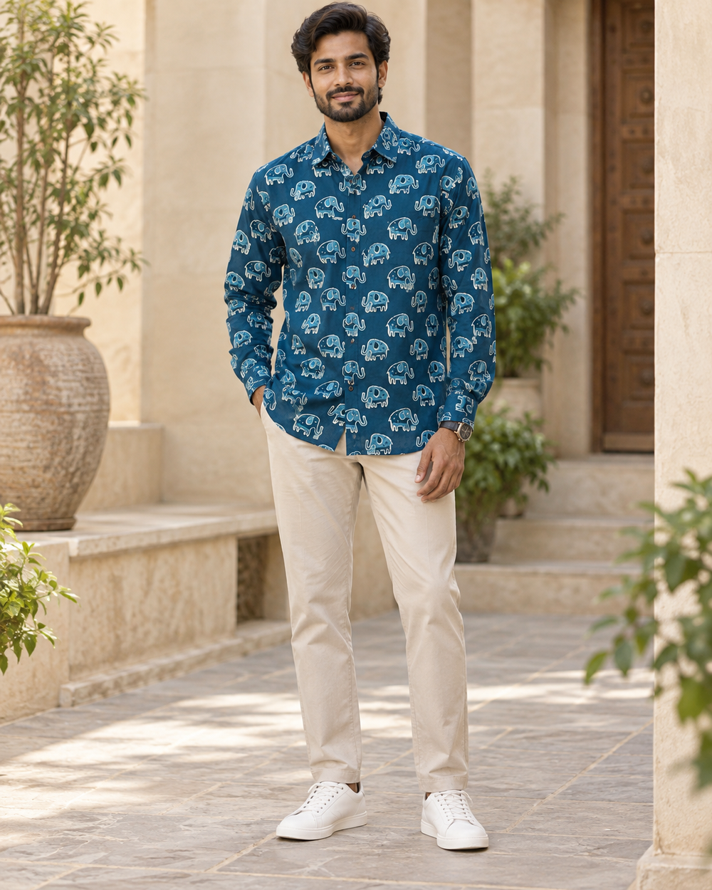 Men's Teal Elephant Block Print Full Sleeve Shirt front — view 1