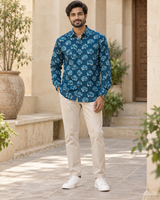 Men's Teal Elephant Block Print Full Sleeve Shirt