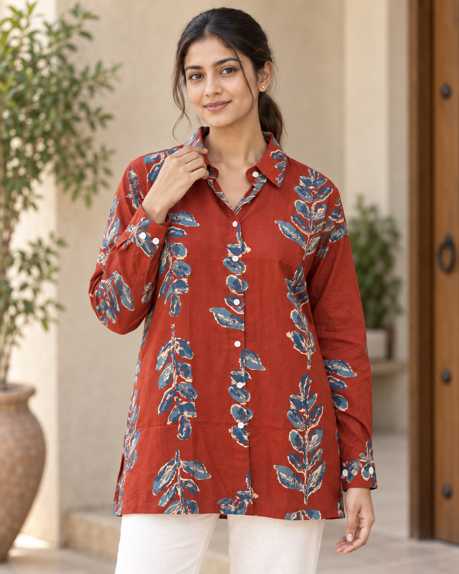 Women's Rust Floral Butta Print Full Sleeve Shirt front