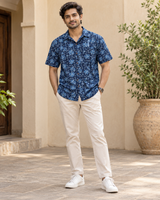 Men's Indigo Floral Jaal Block Print Half Sleeve Shirt