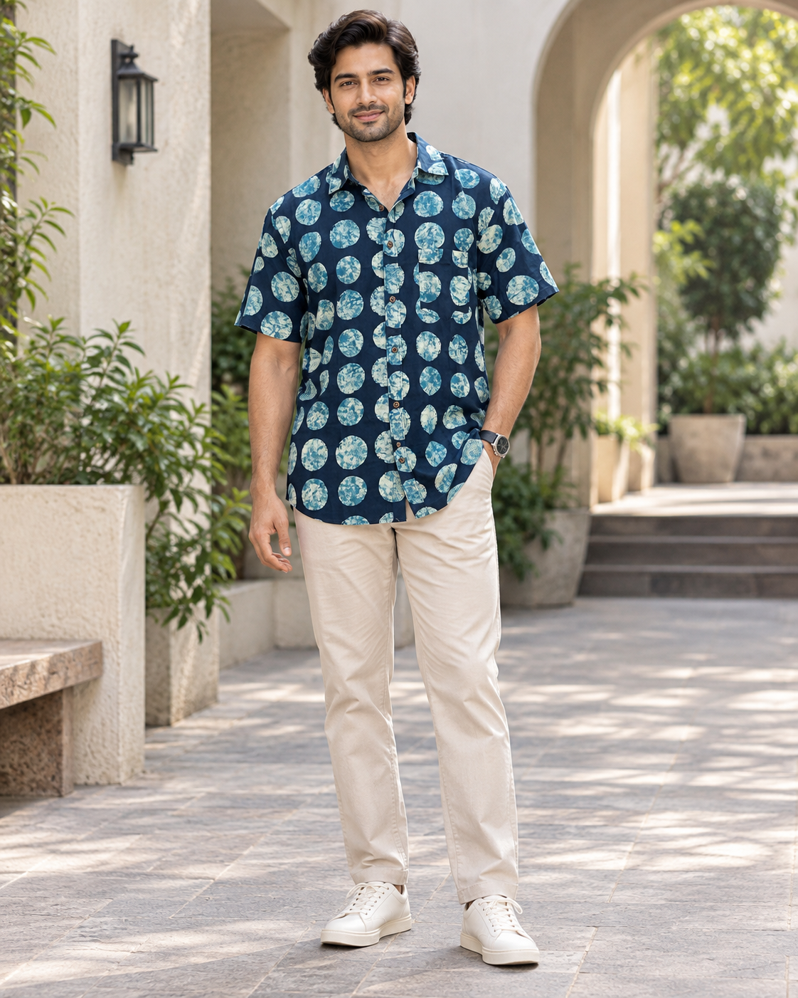 Men's Navy Indigo Dot Block Print Half Sleeve Shirt front