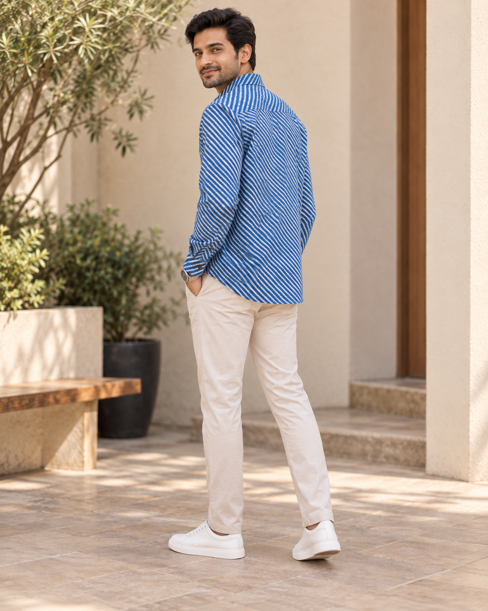 Men's Blue Leheriya Diagonal Stripe Full Sleeve Shirt back — view 2