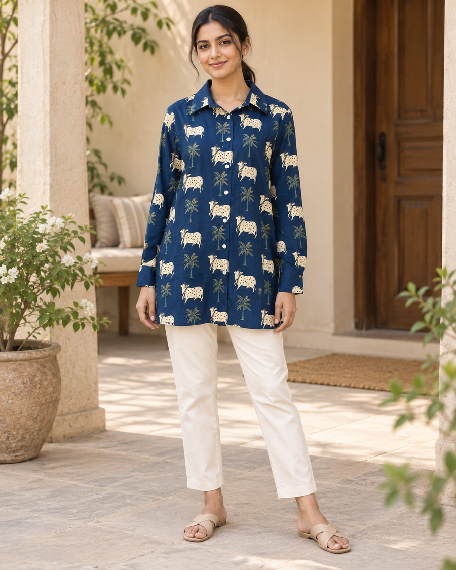 Women's Indigo Cow and Palm Block Print Full Sleeve Shirt front