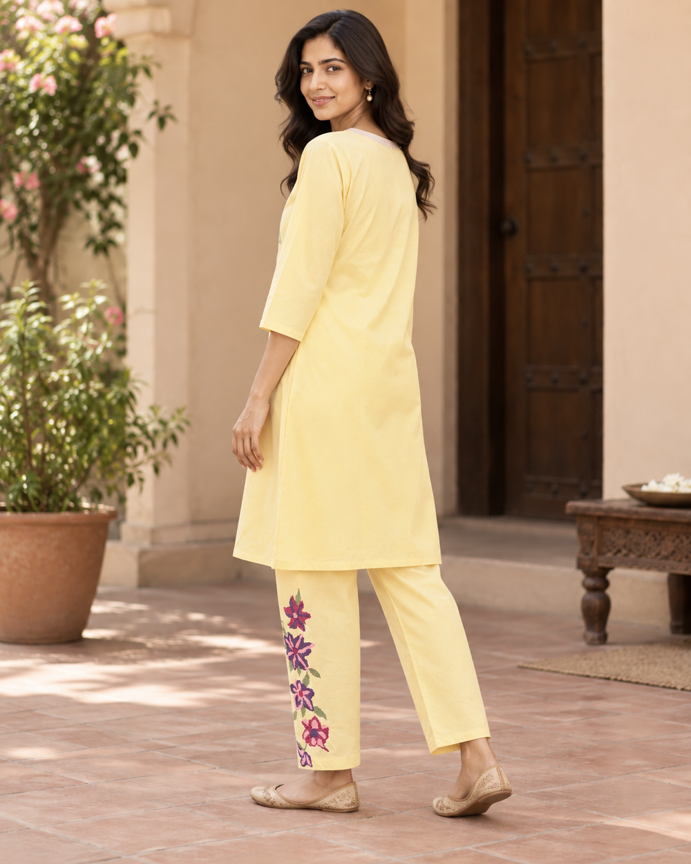 Yellow Flower Pattern Cotton Coord Set back — view 2