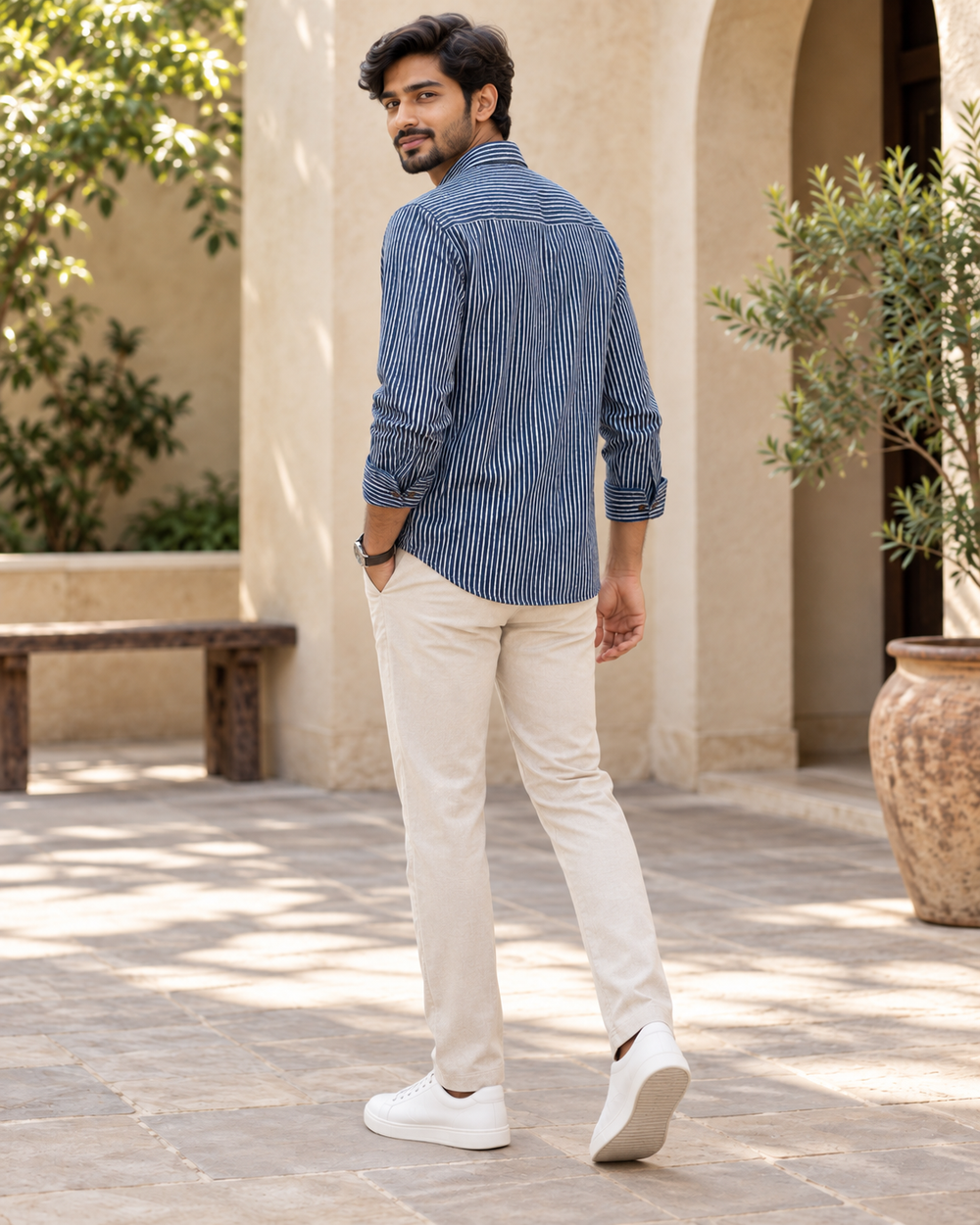 Men's Indigo Pinstripe Cotton Full Sleeve Shirt back — view 2