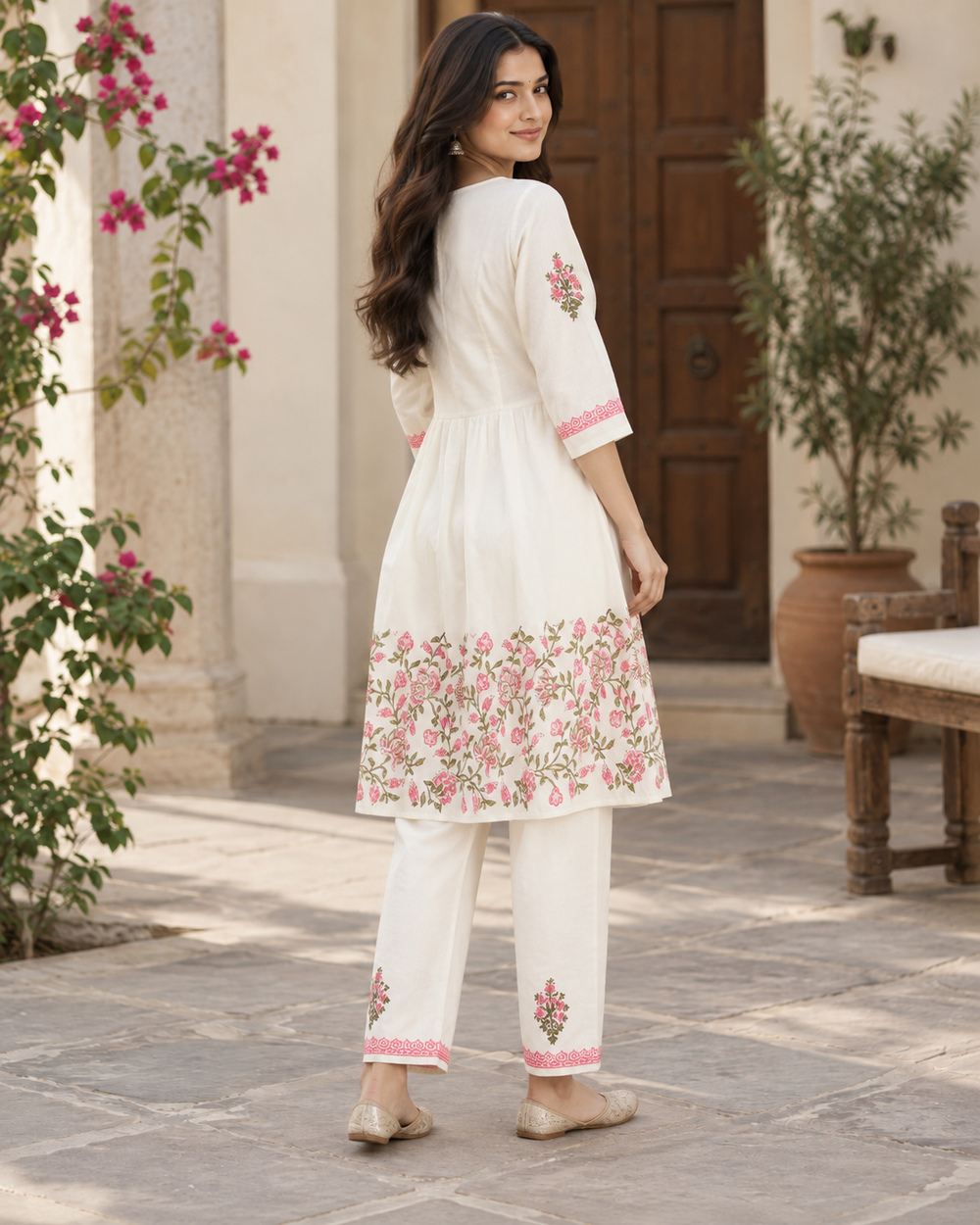 Off White Small Flower Pattern Cotton Coord Set back — view 2