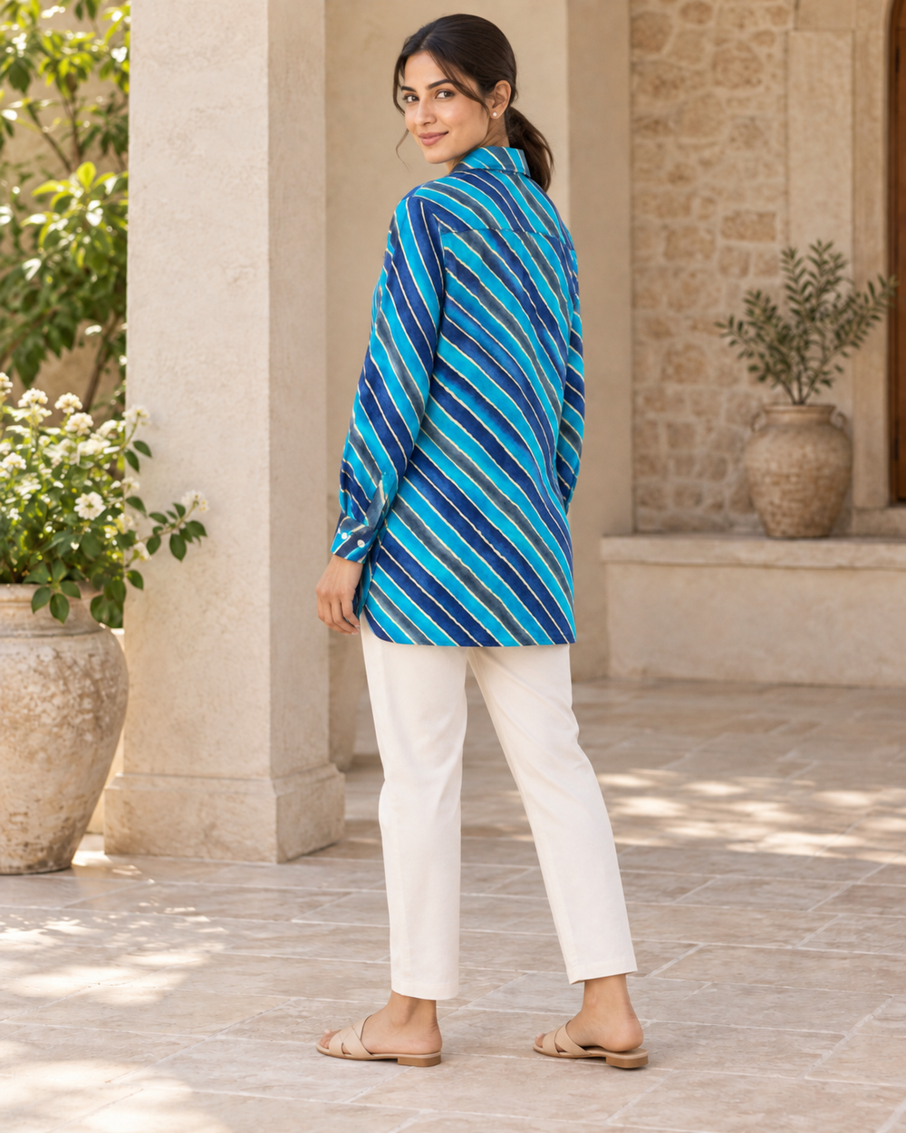 Women's Blue Leheriya Diagonal Stripe Full Sleeve Shirt back — view 2