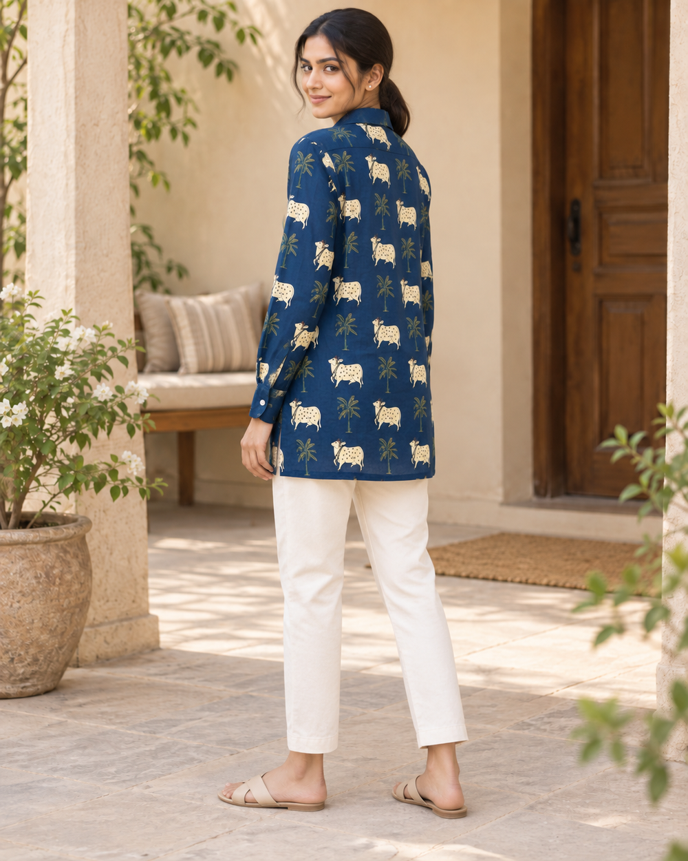 Women's Indigo Cow and Palm Block Print Full Sleeve Shirt back — view 2