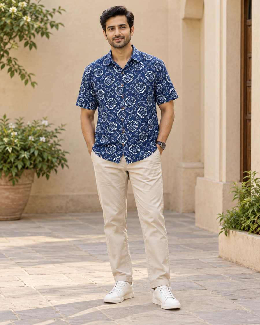 Men's Navy Medallion Block Print Half Sleeve Shirt front