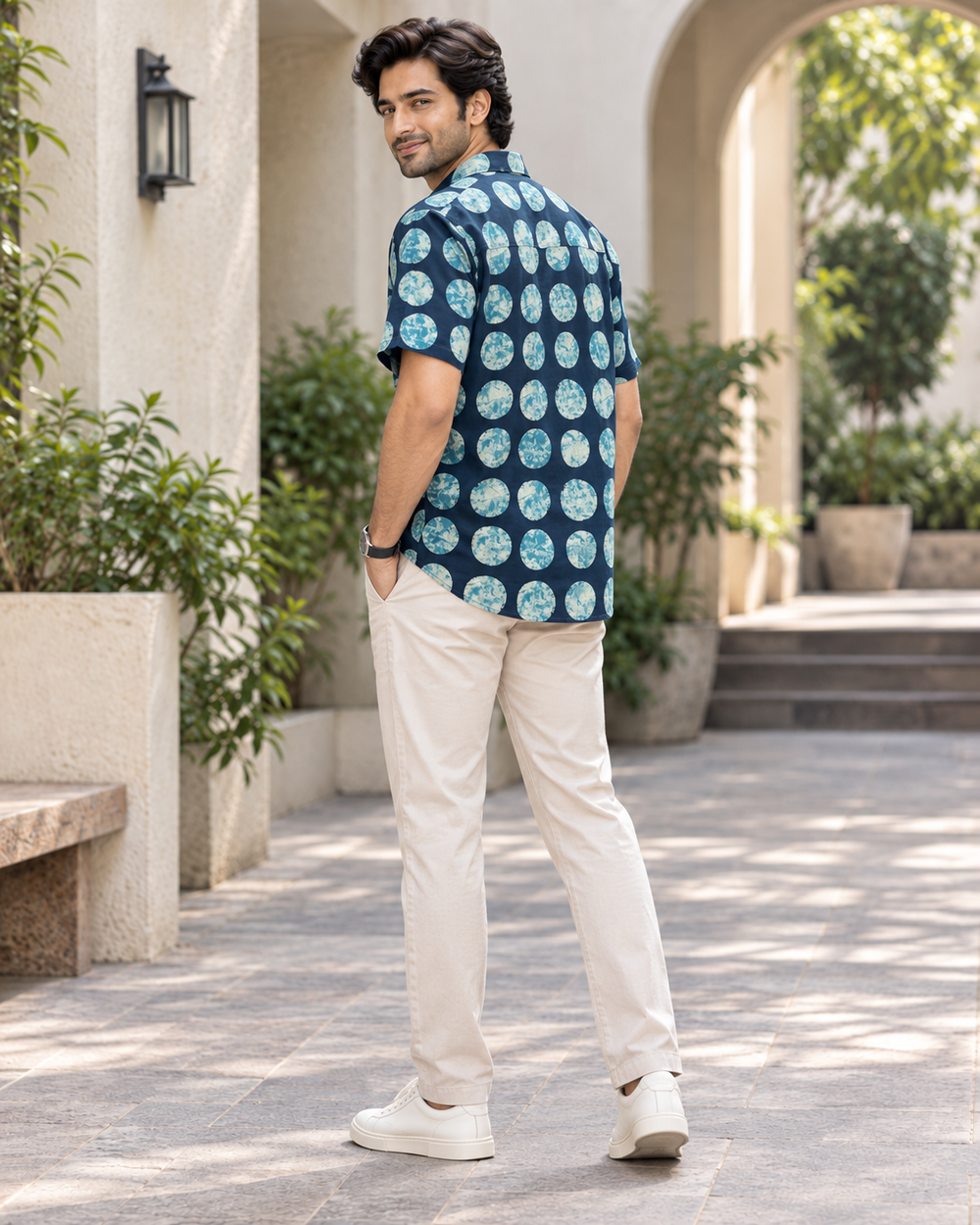 Men's Navy Indigo Dot Block Print Half Sleeve Shirt back — view 2