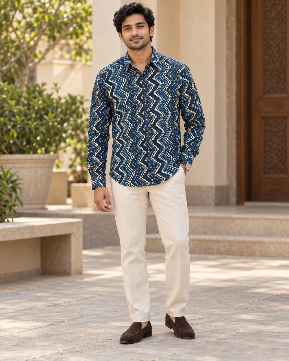 Men's Indigo Chevron Block Print Full Sleeve Shirt front — view 1