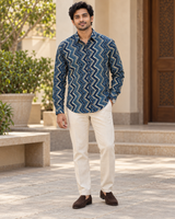 Men's Indigo Chevron Block Print Full Sleeve Shirt