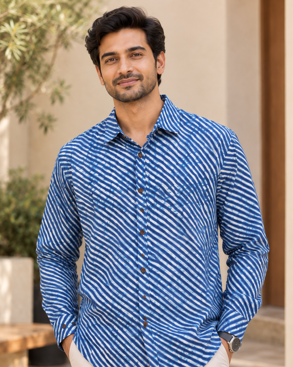 Men's Blue Leheriya Diagonal Stripe Full Sleeve Shirt closeup — view 3