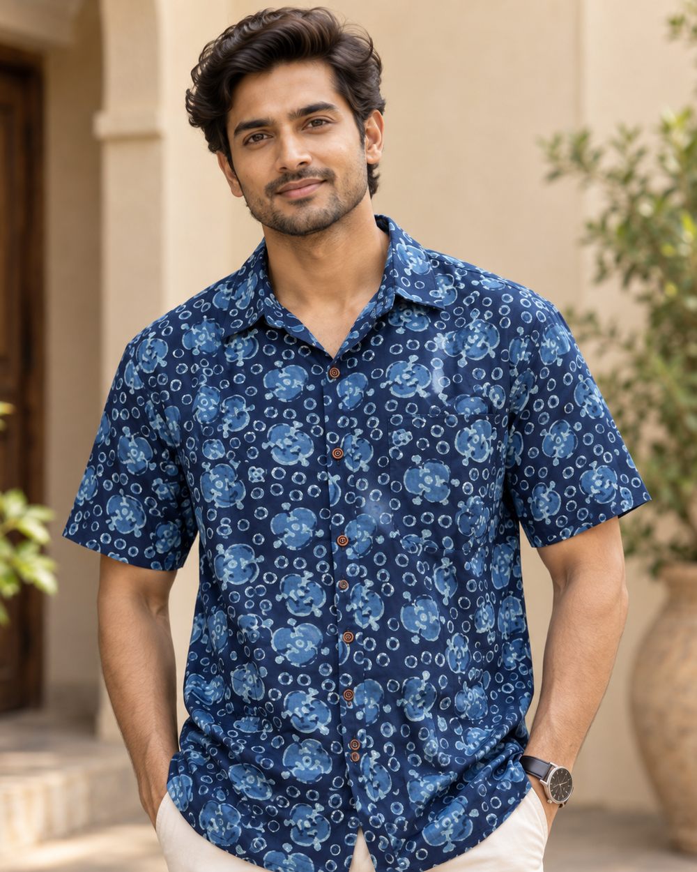 Men's Indigo Floral Jaal Block Print Half Sleeve Shirt closeup — view 3