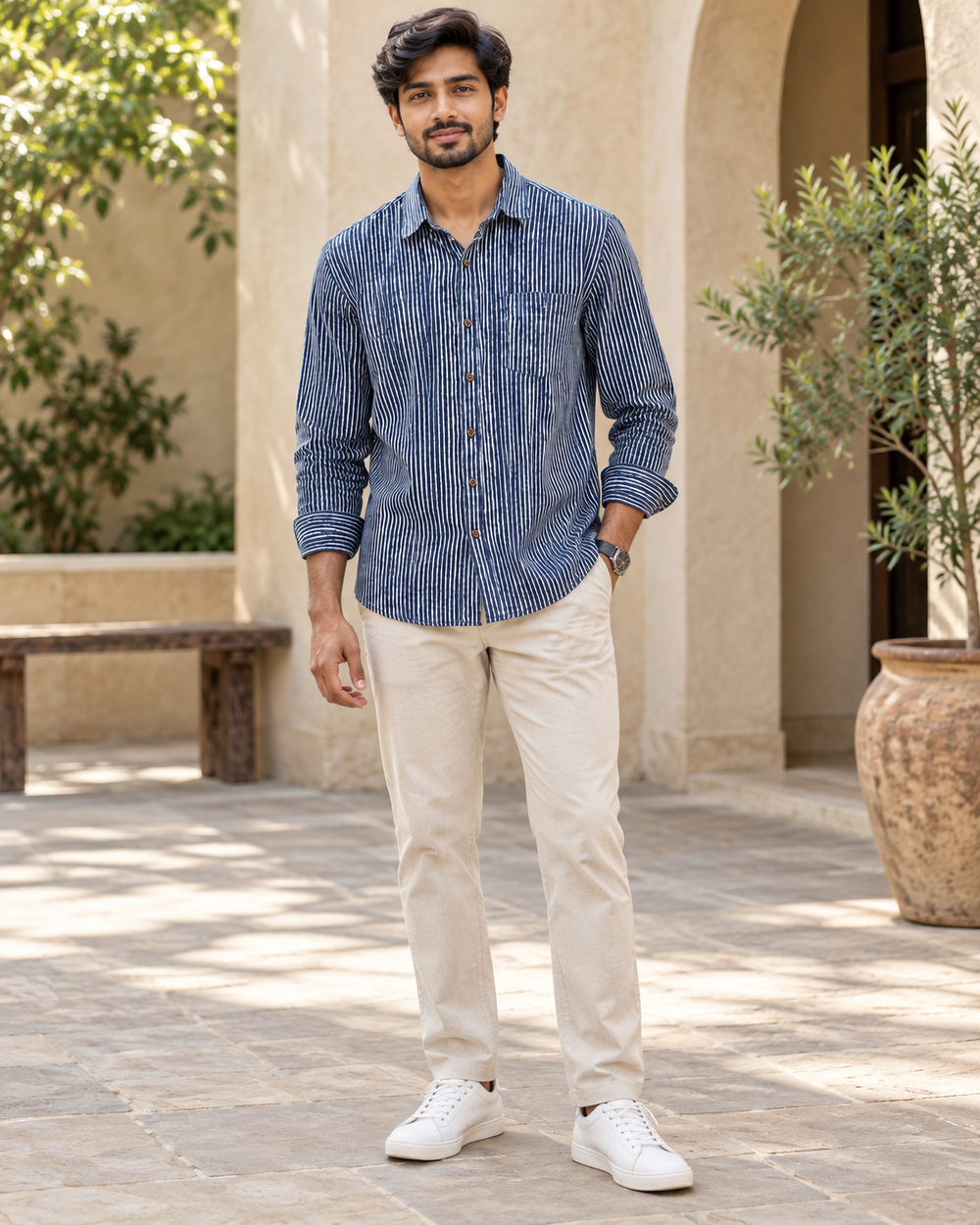 Men's Indigo Pinstripe Cotton Full Sleeve Shirt front — view 1